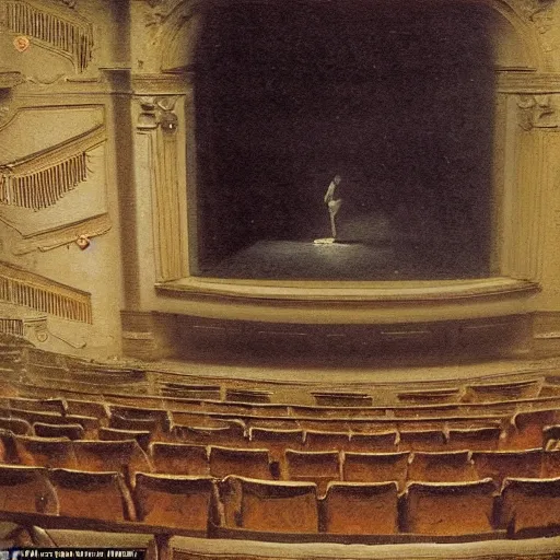 Image similar to an actress on stage in an old theater. she has only a single visitor in the audience, by alfred stevens