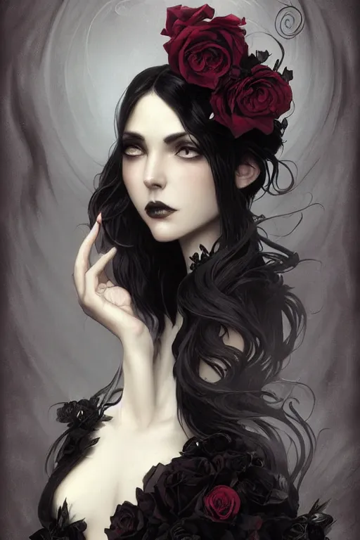 Image similar to beautiful gothic female with black roses surrounding her, Black Hair, intricate, elegant, highly detailed, digital painting, artstation, concept art, smooth, sharp, focus, illustration, art by artgerm and greg rutkowski and alphonse mucha and Ray Caesar and Benjamin Lacombe