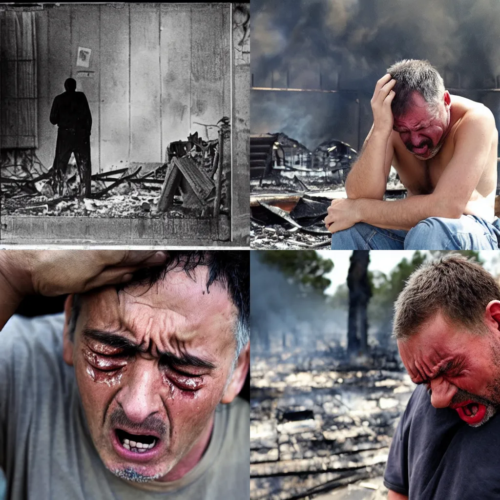 Prompt: Photo, A man crying because his house has burned down.