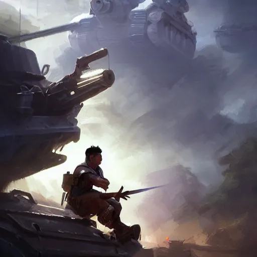 Image similar to side profile of a filipino man sitting on a tank wielding a scepter, highly detailed, d & d, fantasy digital painting, trending on artstation, concept art, sharp focus, illustration, volumetric light, intricate, matte, art by artgerm and greg rutkowski