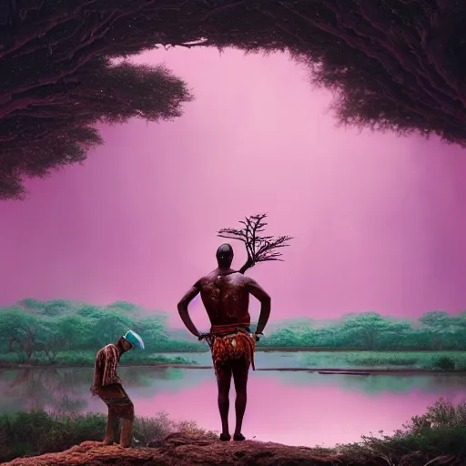 Prompt: a zulu hunter near a pink lake with a a baobab tree during a thunderstorm by greg rutkowski and android jones in a surreal portrait style, oil on canvas, 8k resolution.