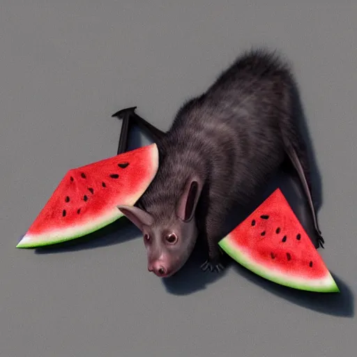 Image similar to very cute realistic fruit bat eats a triangle watermelon piece, digital art, high quality, illustration, art, detailed, 3 d render, unreal engine, clear colours, radiant light, sticker,