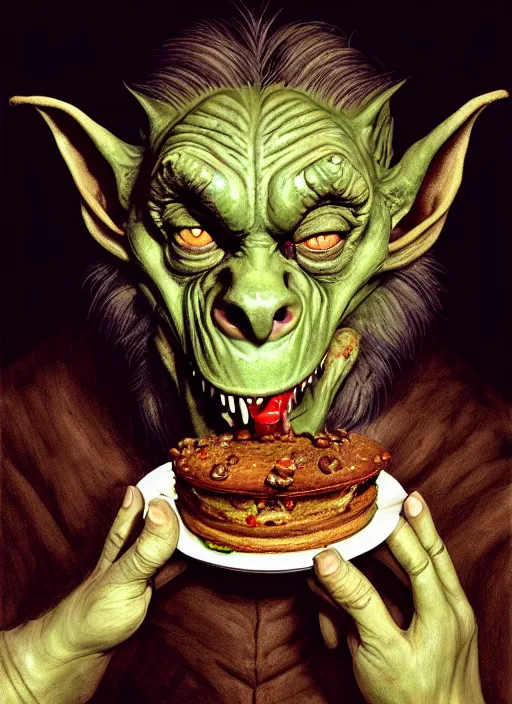 Image similar to profile face portrait of a medieval goblin eating cakes in the cloisters, beautiful face, hyper realistic, highly detailed, digital painting, artstation, illustration, concept art by hyung tae and frank frazetta, digital paint, matte paint, washed colors, dark, gloomy