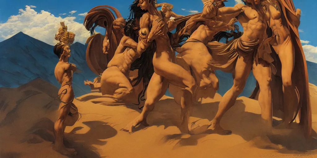 Prompt: pilgrimage journey of Sand Deity in the style of Frank Frazetta, Jeff Easley, Caravaggio, extremely clear and coherent, clear lines, 8K resolution