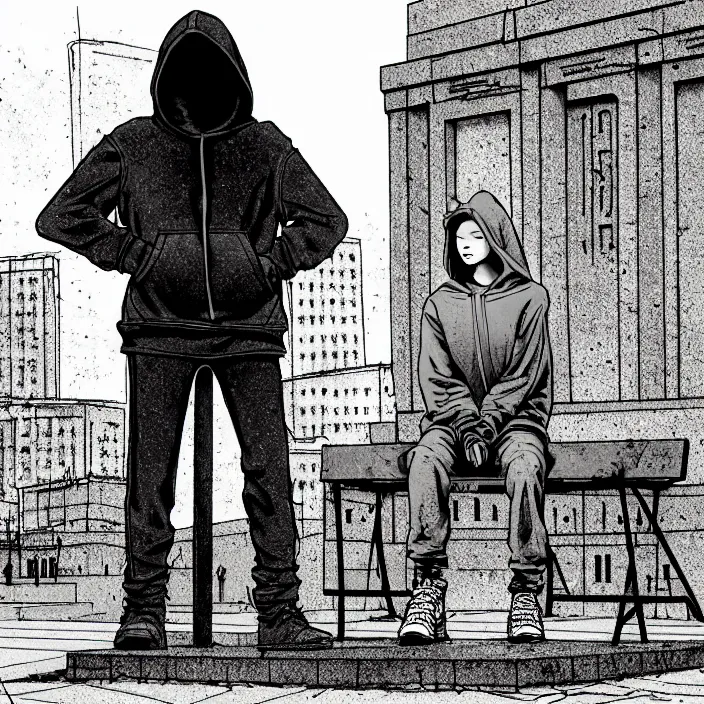 Prompt: sadie sink in hoodie sits on bench in ruined square, pedestrians walk by, soviet monument and propaganda posters. storyboard, scifi cyberpunk. by gabriel hardman. cinematic atmosphere, detailed and intricate, perfect anatomy