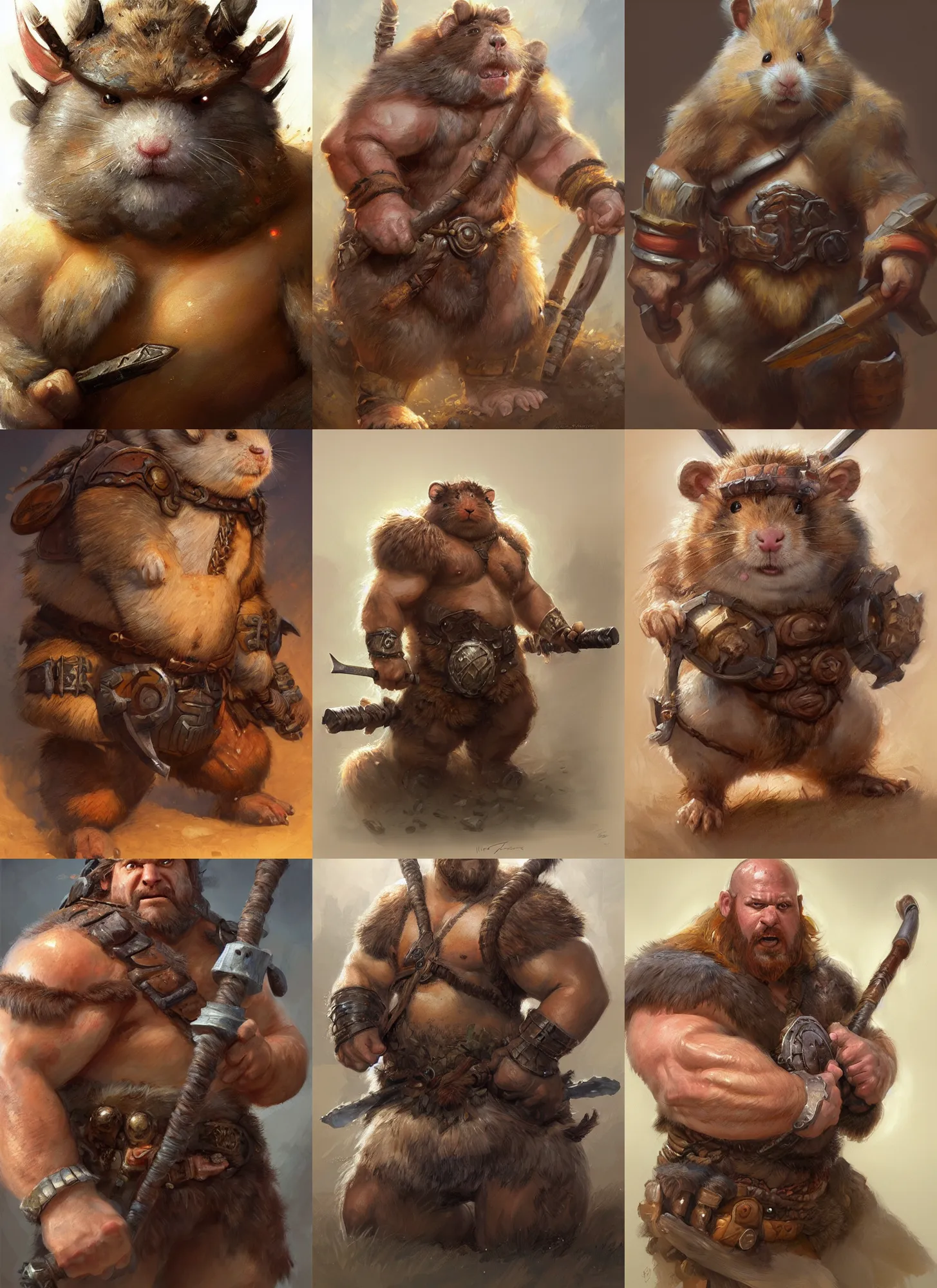 Prompt: a detailed portrait and full body of a barbarian muscular hamster, by justin gerard and greg rutkowski, digital art, realistic painting, dnd, character design, donato giancola and greg rutkowski, realistic face, digital art, trending on artstation