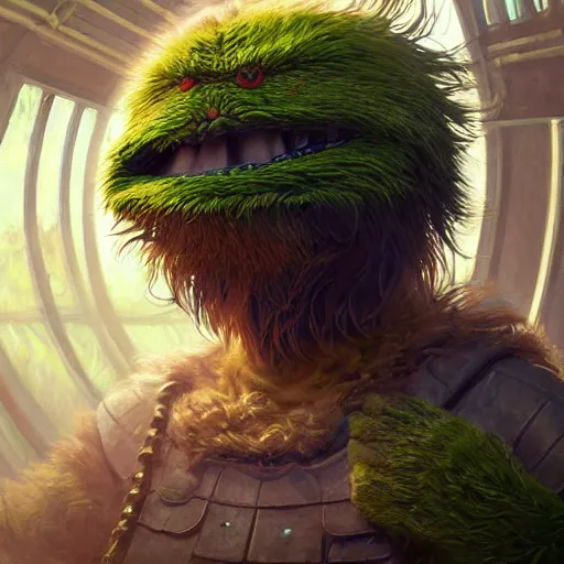 Prompt: highly detailed portrait of oscar the grouch with long hairs, stephen bliss, unreal engine, fantasy art by greg rutkowski, loish, rhads, ferdinand knab, makoto shinkai and lois van baarle, ilya kuvshinov, rossdraws, tom bagshaw, alphonse mucha, global illumination, radiant light, detailed and intricate environment