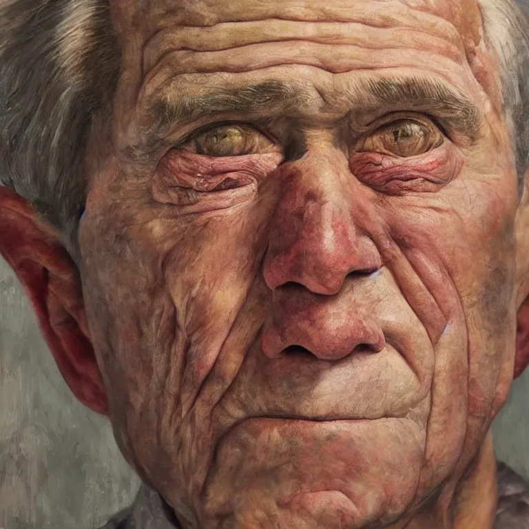 Image similar to hyperrealistic close up studio portrait of aging old George W Bush age 85 wrinkled weeping, oil painting by Ivan Albright and Lucian Freud and Ron Mueck, trending on artstation Studio lighting hyperrealism