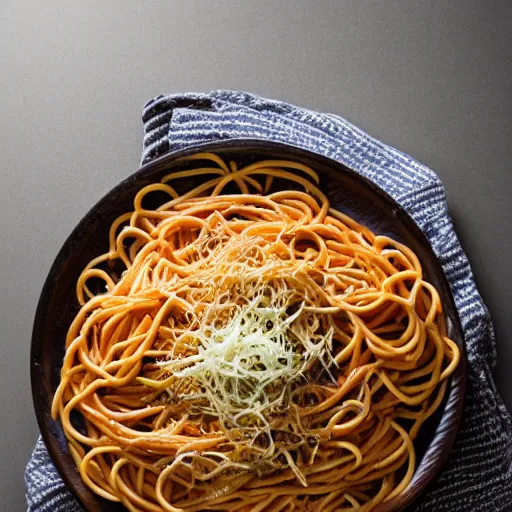 Prompt: portrait shot of a humanoid bowl of spaghetti, intricate details and dramatic lighting