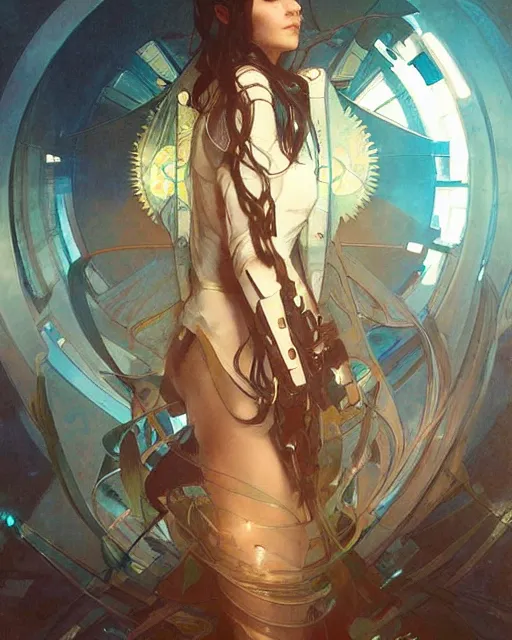 Image similar to portrait of a techno - optimist, cinematic lighting, scifi, intelligent, high detail, masterpiece, art by artgerm and greg rutkowski and alphonse mucha