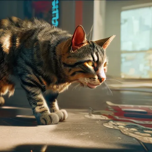 Image similar to cat cyberpunk 2 0 7 7 8 k hyperdetailed photorealism hdr unreal engine 5 extremely high level of detail