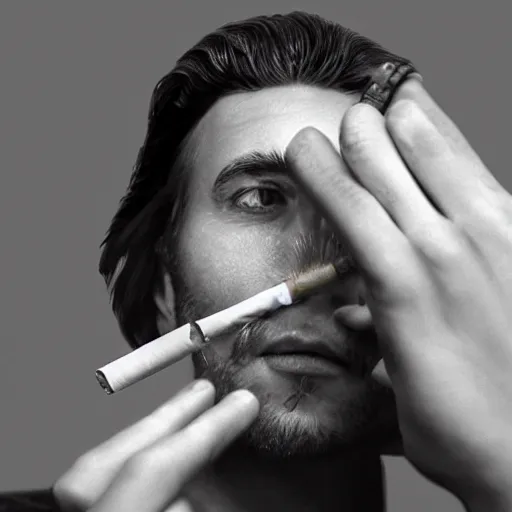 Image similar to cigarette in hand, hyper realistic