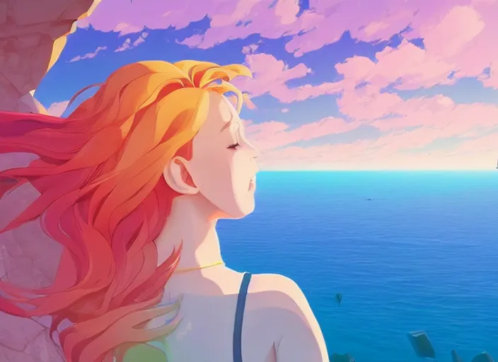 Image similar to a beautiful young woman with rainbow hair standing on a clifftop. clean cel shaded vector art. shutterstock. behance hd by lois van baarle, artgerm, helen huang, by makoto shinkai and ilya kuvshinov, rossdraws, illustration, art by ilya kuvshinov