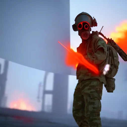 Image similar to a soldier with a glowing orange visor, a gas mask in a half-turn looks into the camera, bodies of the dead are scattered around, an orange fire in the background, octane render, 4k, details, dramatic pose