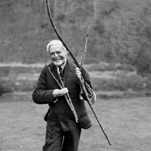 Image similar to a man holding a long stick with a bag attached at the end,