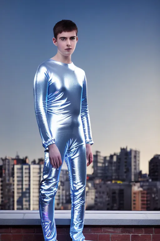 Image similar to un ultra high definition studio quality photographic art portrait of a young man standing on the rooftop of a british apartment building wearing soft baggy inflatable padded silver iridescent pearlescent clothing. three point light. extremely detailed. golden ratio, ray tracing, volumetric light, shallow depth of field. set dressed.