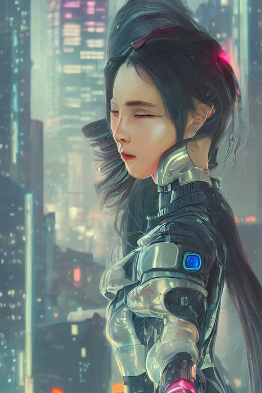 Prompt: portrait futuristic Ninja Girl, in future cyberpunk tokyo rooftop , ssci-fi, fantasy, intricate, very very beautiful, elegant, neon light, highly detailed, digital painting, artstation, concept art, smooth, sharp focus, illustration, art by alphonse mucha and tian zi and WLOP
