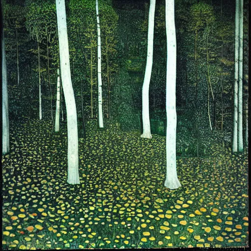 Prompt: Looking down at the forest floor, covered in fallen leaves, A green gold forest in Japan, dark, midnight, ghostly white trees, Gustav Klimt