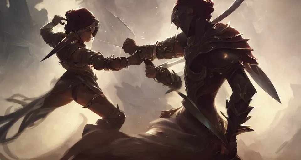 Image similar to amazing portrait of two sword fencer, league of legends splash art, deiv calviz, splash art, natural light, elegant, intricate, fantasy, atmospheric lighting, by greg rutkowski, league of legends splash art, hd wallpaper, ultra high details