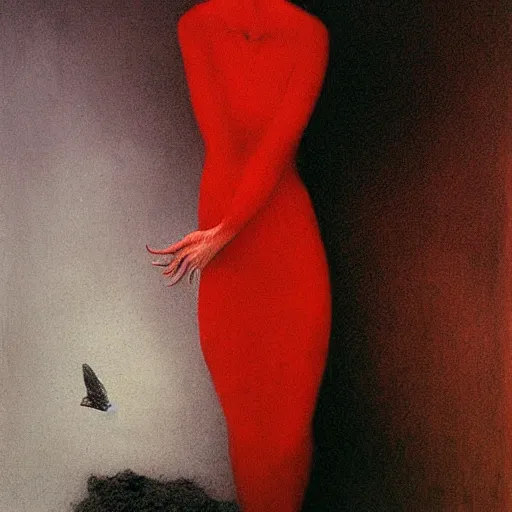 Prompt: pale white young girl in red dress with black dark short hairs by Beksinski