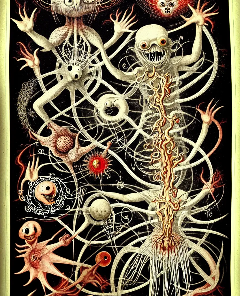 Image similar to whimsical freaky creature sings a unique canto about'as above so below'being ignited by the spirit of haeckel and robert fludd, breakthrough is iminent, glory be to the magic within, painted by ronny khalil