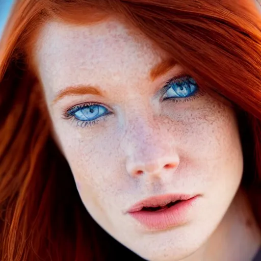 Image similar to close up photo of the left side of the face of a redhead woman with blue eyes who looks directly at the camera. Slightly open mouth, with a park visible in the background. 135mm nikon. Intricate. Very detailed 8k. Sharp. Cinematic post-processing.