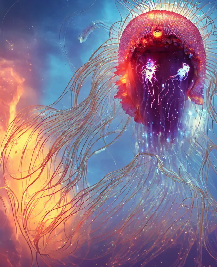 Image similar to close-up portrait of the face of a beautiful princess in a twisted flowers jellyfish mask in a spaceman suit surrounded by energy flow, epic angle and pose, symmetrical artwork, 3d with depth of field, blurred background, floating jellyfish skull phoenix bird, translucent, nautilus, energy flows of water and fire. a highly detailed epic cinematic concept art CG render. made in Maya, Blender and Photoshop, octane render, excellent composition, cinematic dystopian brutalist atmosphere, dynamic dramatic cinematic lighting, aesthetic, very inspirational, arthouse. y Greg Rutkowski, Ilya Kuvshinov, WLOP, Stanley Artgerm Lau, Ruan Jia and Fenghua Zhong