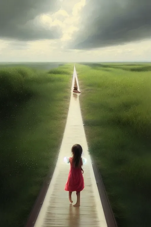 Image similar to a barefoot girl carries her shoes on reflective water and faint train tracks, large white clouds on a wide horizon, intricate, elegant, highly detailed, digital photo, artstation, concept art, smooth, sharp focus, low angle photo, art by artgerm and greg rutkowski and fra angelico