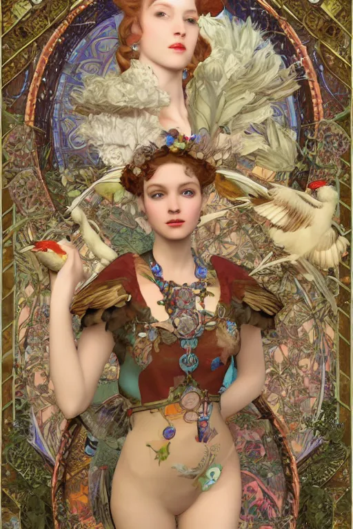 Prompt: 3 d render of english princess holding birds, ornaments, mucha vibe, dieselpunk, solarpunk, artstation