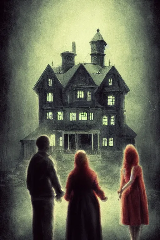 Image similar to an unsettling old colored family photograph, anxious people standing in a large haunted house, phantom ghosts in the background, cinematic, horror, photorealistic, vintage, artstation, painterly, expressive