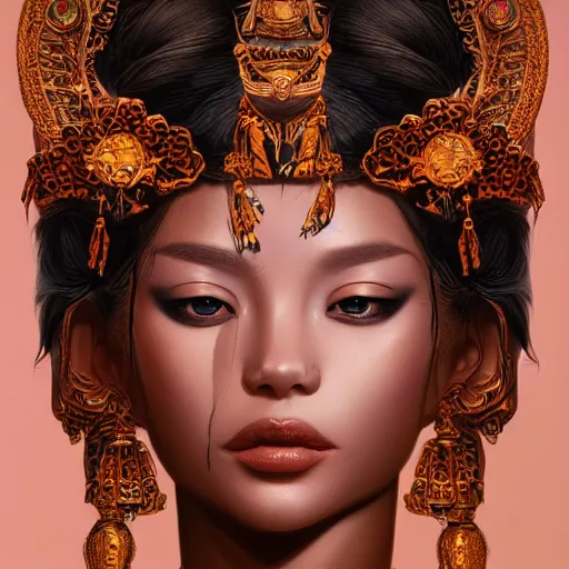 Image similar to Beautiful detailed portrait of an exotic goddess by Nick Silva, Shin JeongHo, Wandah Kurniawan, Symmetrical composition with people centered, realistic proportions, trending on artstation