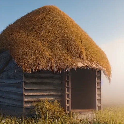 Prompt: still shot of a hut covered in morning fog, highly detailed, photorealistic portrait, bright studio setting, studio lighting, crisp quality and light reflections, unreal engine 5 quality render