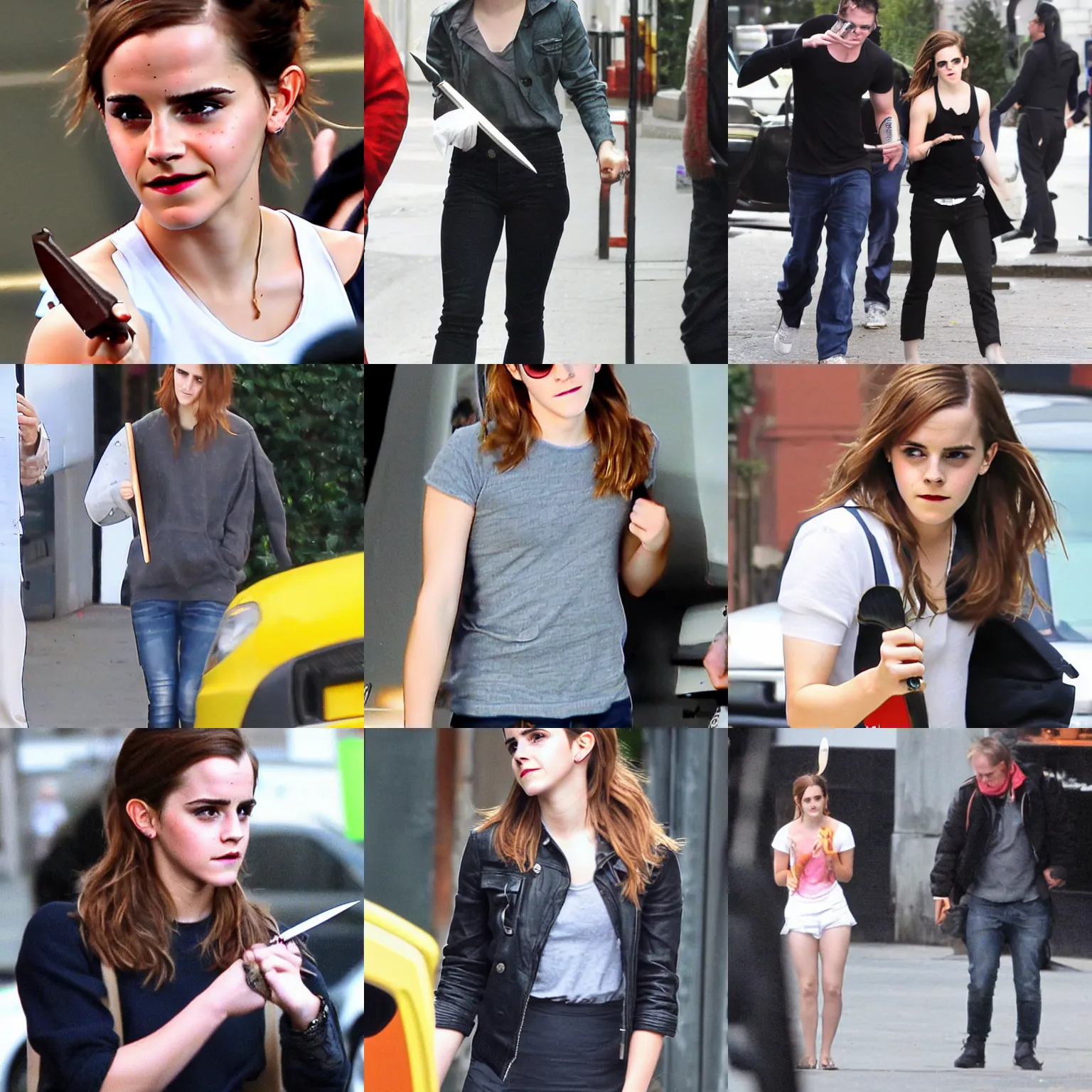 Prompt: emma watson with a knife kidnapping someone