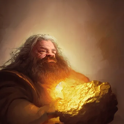 Prompt: portrait of a dwarf hugging the humongous raw, unrefined gold nugget, lump of native gold, realistic, beautiful eyes, fantasy art, dnd, lord of the rings, mid - shot, moody lighting, by greg rutkowski, wlop, artgerm, concept art, sharp focus, ray tracing