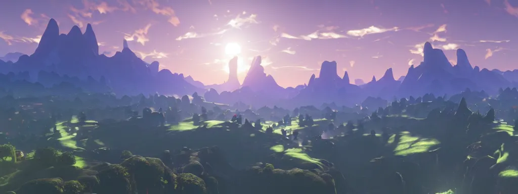 Image similar to matte painting of magnificent ethereal valley by Zelda breath of the wild, 8k, soft volumetric, displacement mapped