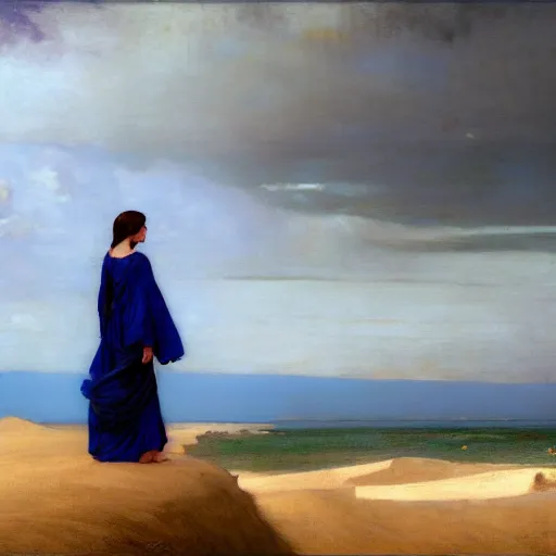 Prompt: painting of a distant figure in a blue robe standing on a dune in front of a lightning strike artwork by wlop and john william waterhouse and Edwin Longsden Long and Nasreddine Dinet and Theodore Ralli trending on artstation, very coherent symmetrical artwork high detail 8k