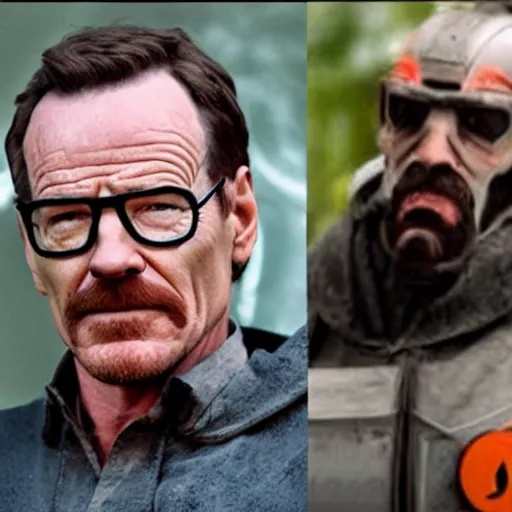 Image similar to Bryan Cranston as Gordon Freeman, dressed as Gordon Freeman from half life 2, still from a movie