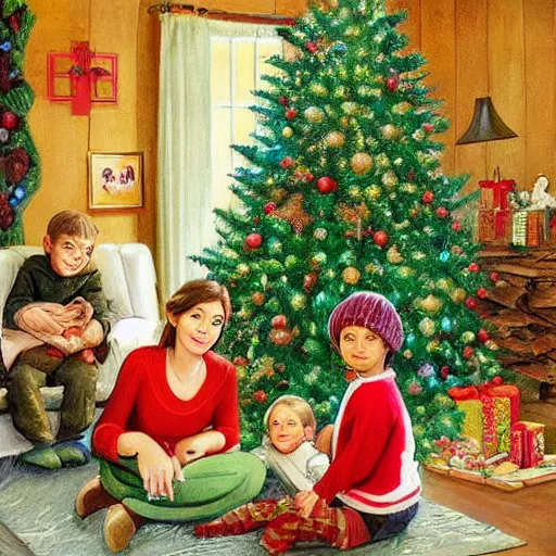 Prompt: “a holiday realistic painting of a happy family sitting in the foreground there’s a beautiful woman with a symmetric face with two young children on her lap, a boy and a girl. There’s a green Christmas tree and a log fire burning in the background. On the sofa in the background a scruffy homeless man sleeping.”