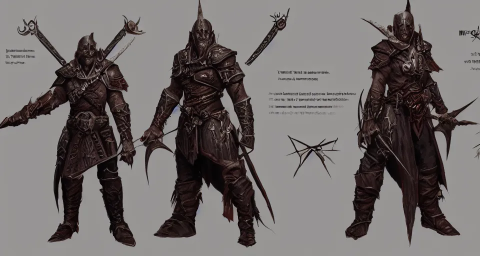 Prompt: A full color character sheet of a full body portrait orthographic views of an evil looking orc assassin in leather Master assassin's armor, video game concept art by Wizards of the Coast, Magic The Gathering, Blizzard, Games Workshop, Greg Rutkowski, Craig Mullins, WETA, Elder Scrolls.
