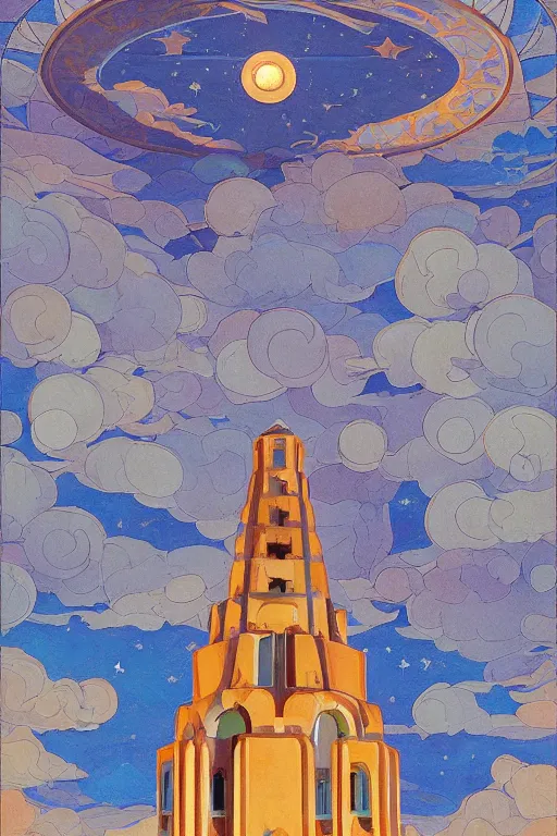 Prompt: glorious painted belltower of the sun and the lost stars, by Sylvain Sarrailh and Nicholas Roerich, dramatic cinematic lighting , beautiful colorful tilework, ornate architecture, smooth, sharp focus, extremely detailed