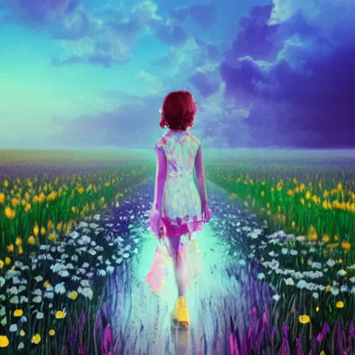 Image similar to daisy flower for a face, girl walking in flower field, holding daisy, surreal photography, sunrise, impressionist painting, colorful clouds, digital painting, artstation, simon stalenhag, flower face