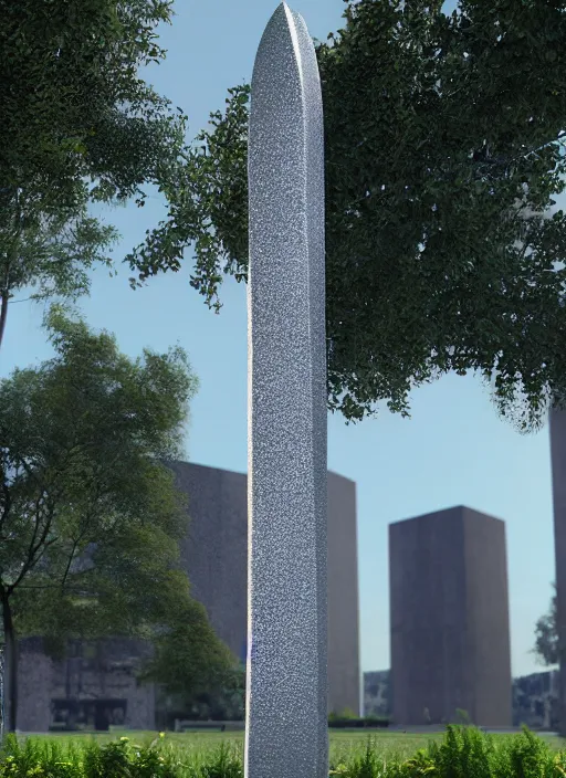 Image similar to highly detailed architecture render of a huge high futuristic metallic stele sculpture standing in city park, archdaily, made in unreal engine 4