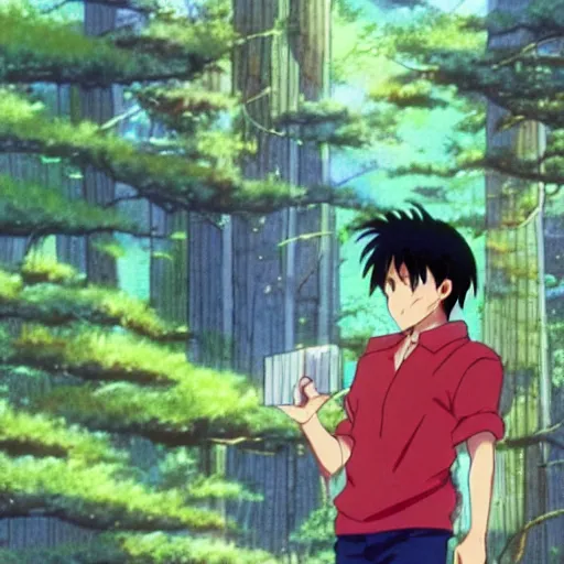 Image similar to a still of a 90s OVA anime of a man with black hair wearing a red shirt in a forest