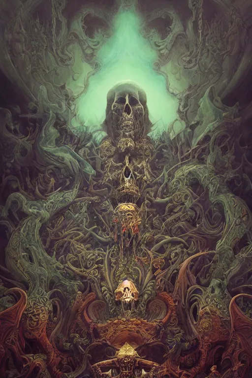 Prompt: evil gigantic demonic skull lord of death, psychedelic fantasy painting, ultra realistic, wide angle, art nouveau, intricate details, rainbowshift, vivid colors, highly detailed by peter mohrbacher, h. r. giger, maxfield parrish, gaston bussiere, gustave dore, craig mullins, octane render, cgi