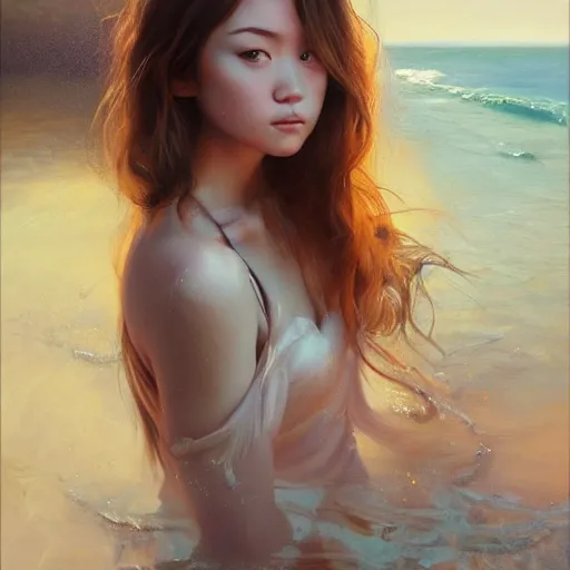 Image similar to oil painting by ilya kuvshinov,, baugh casey, artgerm craig mullins, coby whitmore, of a youthful japanese girl, long hair, wet sundress walking along the coast, highly detailed, breathtaking face, studio photography, noon, intense bounced light, water reflection, large tree casting shadow, serine intense sunlight in the style of zack snyder