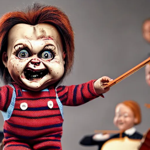 Image similar to handsome and well dressed screaming chucky doll conducting an orchestra