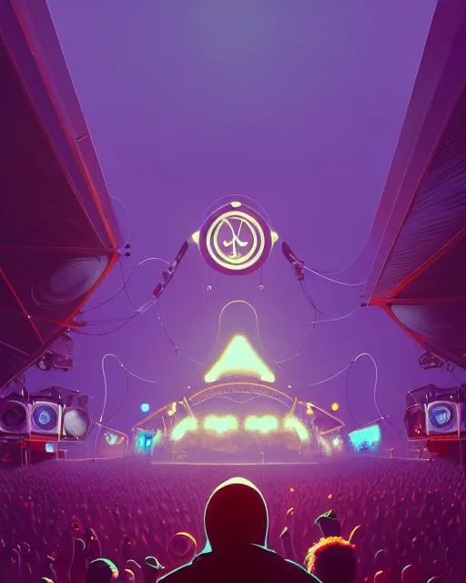 Image similar to tomorrowland, hyper - realistic portrait of a man in a hoodie, in the center of a stage of a music festival, intricate, 4 k, by atey ghailan, by greg rutkowski, by greg tocchini, by james gilleard, by joe fenton, by kaethe butcher, dynamic lighting, lighting color scheme, sharp focus, grunge aesthetic