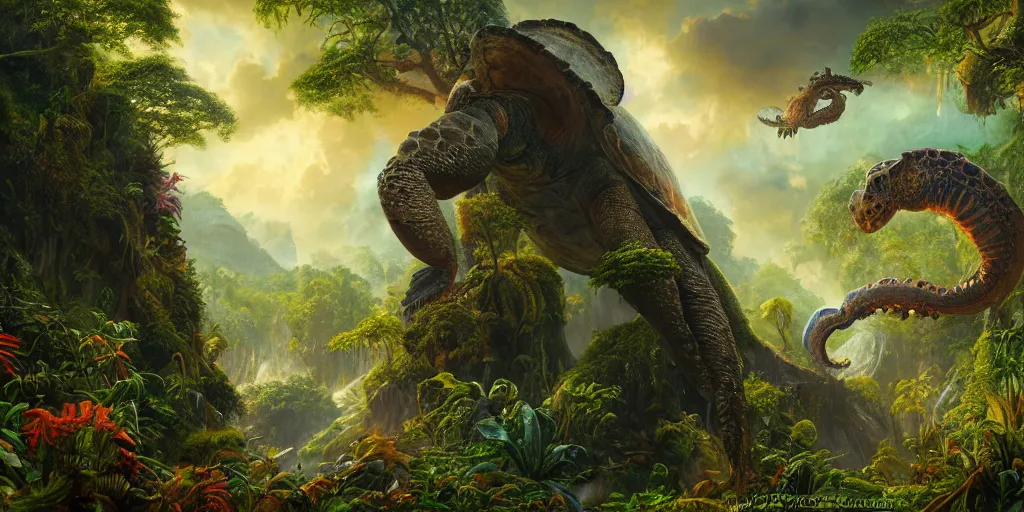 Prompt: fantasy oil painting, great leviathan, turtle cephalopod terrapin reptilian pachyderm amphibian hybrid, epic natural light, lush plants flowers, rainforest mountains, bright clouds, luminous sky, outer worlds, cinematic lighting, michael whelan, michael cheval, vray, 8 k hd