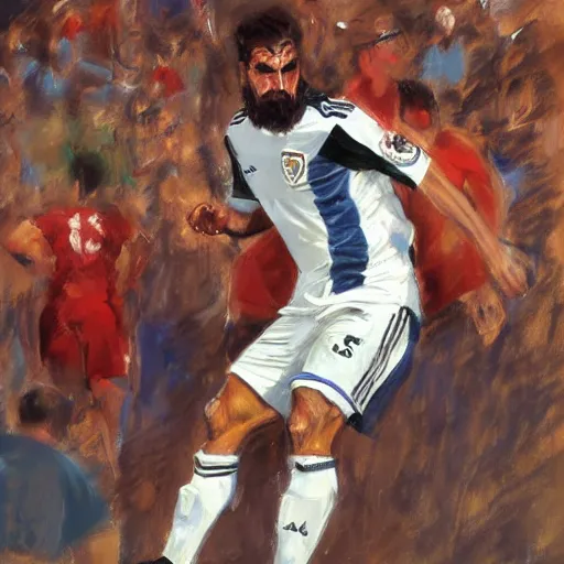 Prompt: a soccer player at a game, angry, bearded, mediterranean features, fantasy character full body portrait by Michael Garmash, Donato Giancola