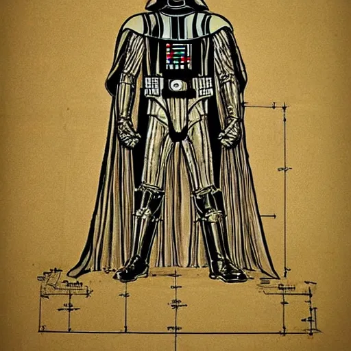 Prompt: darth vader ’ s suit schematic drawn by da vinci, mechanical drawing